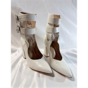 White Block Heel Shoes Women's 9.5 Tall Ankle Buckle Strapped Pointed Toe